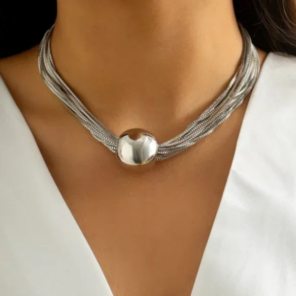 Silver Twisted Multi Chain Exaggerated Sphere Ball Statement Choker Necklace NEW - Picture 2 of 4
